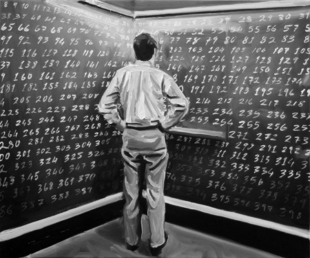 David O´Kane: Blackboard, 2008, Öl auf Leinwand, 50 x 60 cm, DVD Animation
/Privatsammlung, Starnberg

